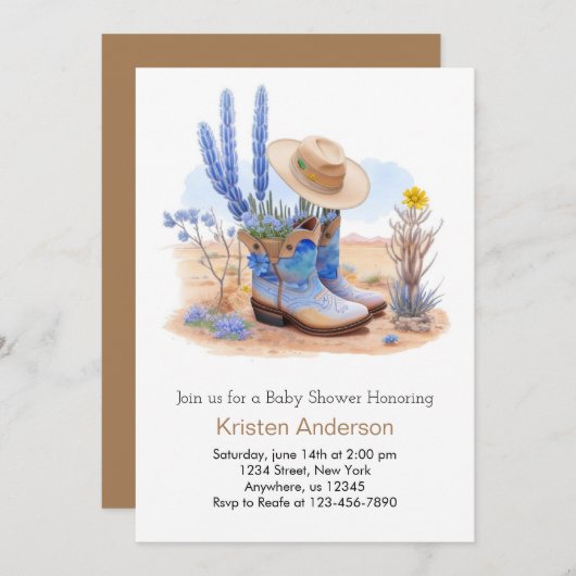 ワイルドウエストブーツとハットベビーシャワー 招待状 (正面/裏面)