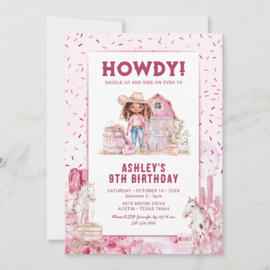 ワイルドウエストホース女性のカーボーイ子供の誕生日招待状 招待状 (正面)