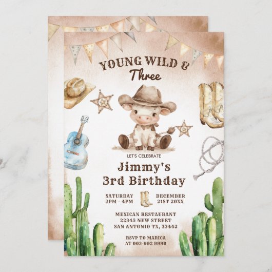 ワイルドウエストヤングワイルド&スリーカウボーイ誕生日 招待状 (正面/裏面)