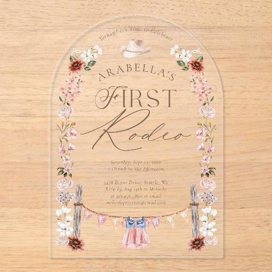 ワイルドウエストリトル女性のカーボーイファーストRodeo 1st誕生日 アクリル招待状 (正面)