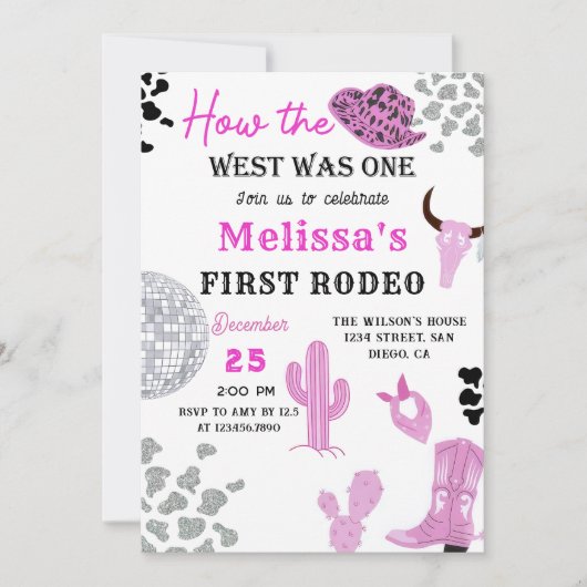 ワイルドウエストロデオディスコピンク女性のカーボーイ誕生日パーティー 招待状 (正面)
