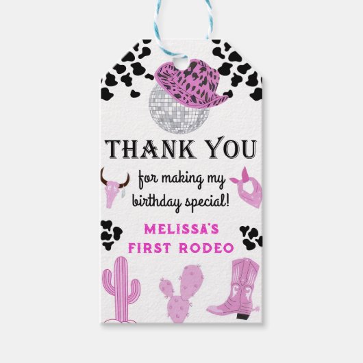 ワイルドウエストロデオディスコ女性のカーボーイ誕生日サンキューユユー ギフトタグ (正面)
