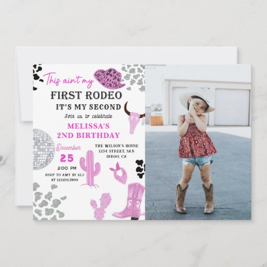 ワイルドウエストロデオディスコ女性のカーボーイ2ndバースデーフォト 招待状 (正面)