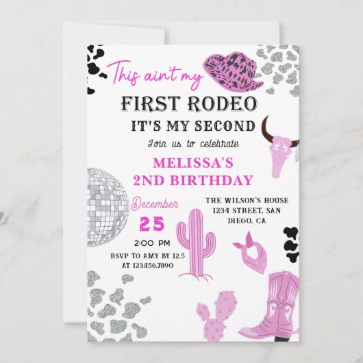 ワイルドウエストロデオディスコ女性のカーボーイ2nd誕生日パーティー 招待状 (正面)