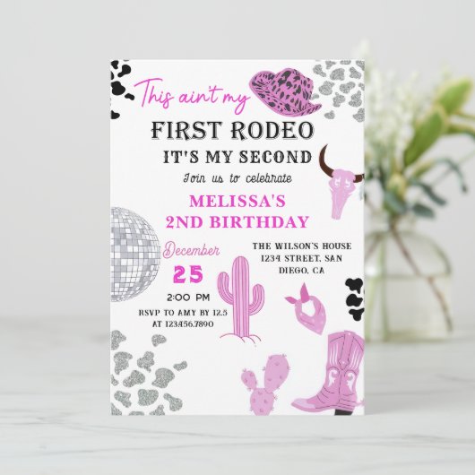 ワイルドウエストロデオディスコ女性のカーボーイ2nd誕生日パーティー 招待状 (スタンド正面)