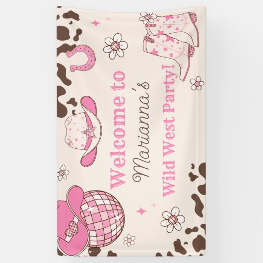ワイルドウエスト女性のカーボーイピンクバースデーパーティーへようこそ 横断幕 (縦)