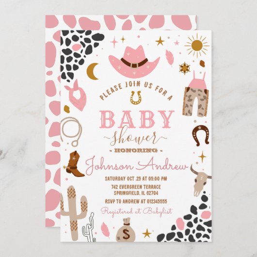 ワイルドウエスト女性のカーボーイベビーシャワーロデオガール 招待状 (正面/裏面)
