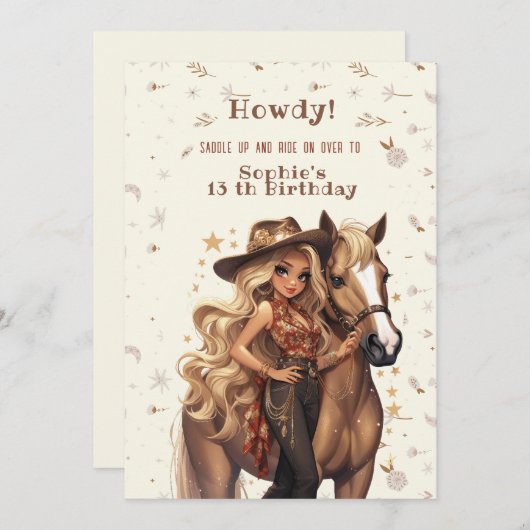 ワイルドウエスト女性のカーボーイ誕生日 招待状 (正面/裏面)