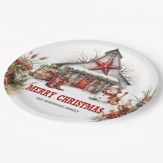 ワイルドウクラシックェストの水の色の白い納屋とホリー ペーパープレート (アングル)