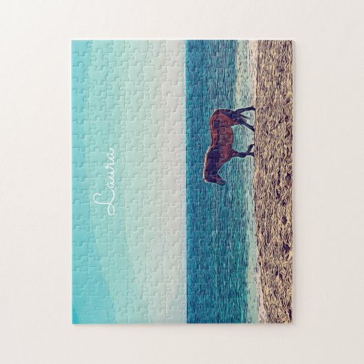 ワイルドウマビーチかわいいパーソナライズされた ジグソーパズル (縦)