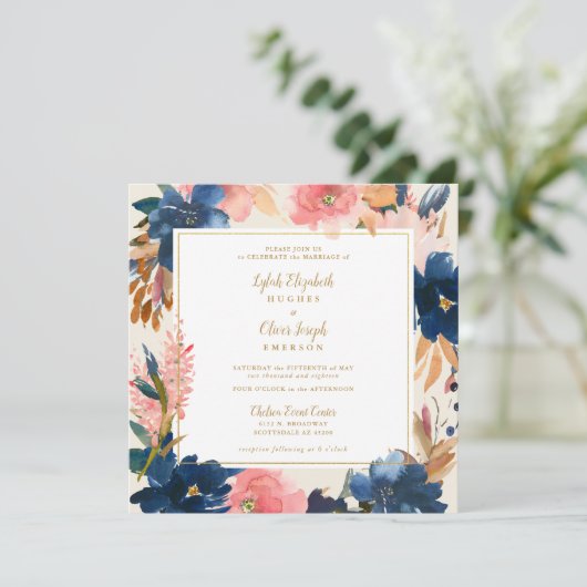 ワイルドエレガンス |ネイビー赤面&金ゴールドス結婚クエアI 招待状 (スタンド正面)