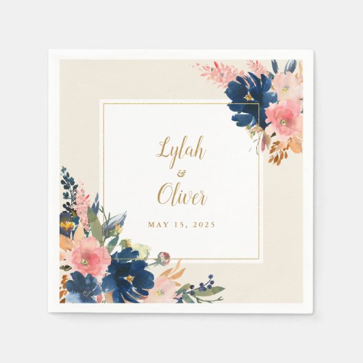 ワイルドエレガンス |ネイビー赤面&金ゴールド結婚ズ スタンダードカクテルナプキン (正面)