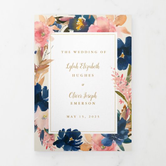 ワイルドエレガンス |ネイビー赤面&金ゴールド結婚ズ 三つ折り招待状 (カバー)