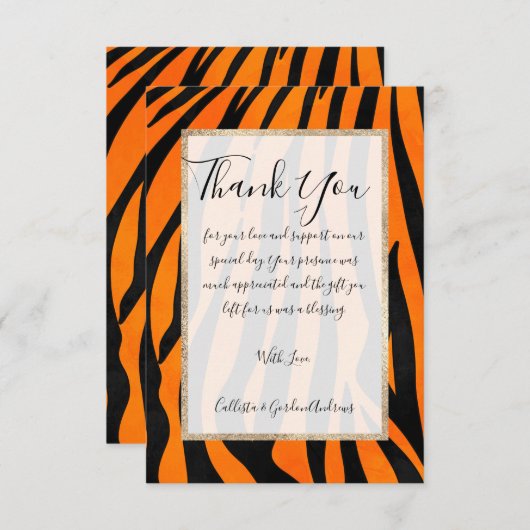 ワイルドオレンジブラックタイガーストライプアニマルプリント サンキューカード (正面/裏面)