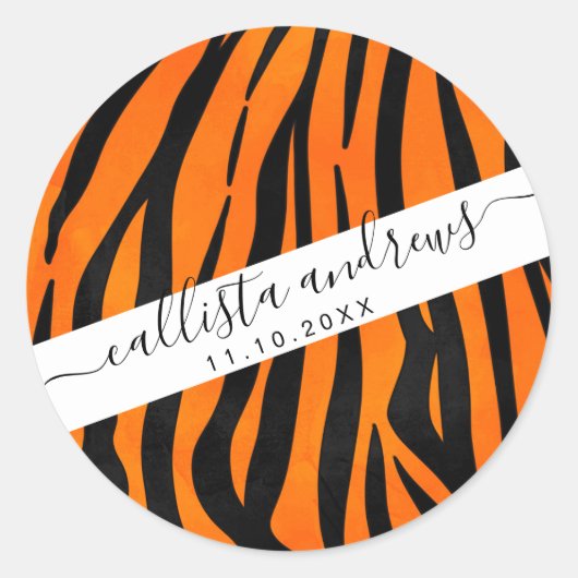 ワイルドオレンジブラックタイガーストライプアニマルプリント ラウンドシール (正面)
