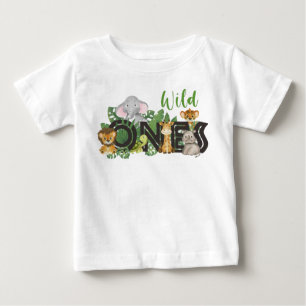 ワイルドオンズジャングルサファリアニマルズ誕生日ツインズ ベビーTシャツ