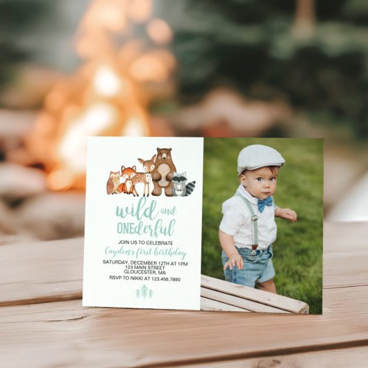 ワイルドオンデァフル ウッドランド アニマル 1歳の誕生日写真 招待状