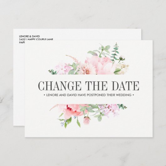ワイルドガーデン |ピンク結婚の花の日付の変更 案内ポストカード (正面/裏面)