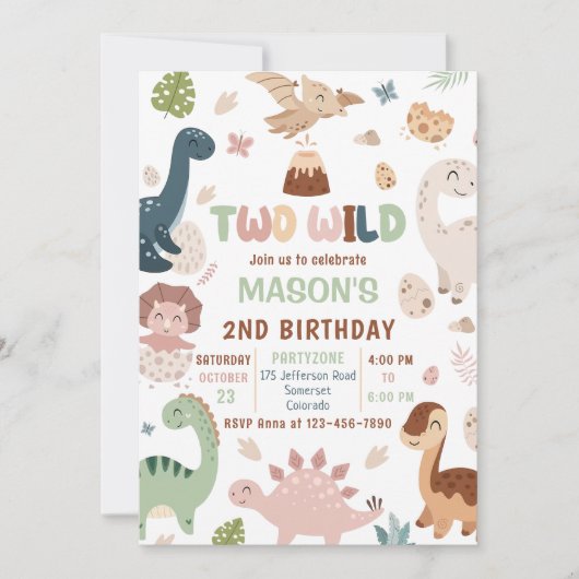ワイルドキュート恐竜2回目の誕生日パーティー 招待状 (正面)