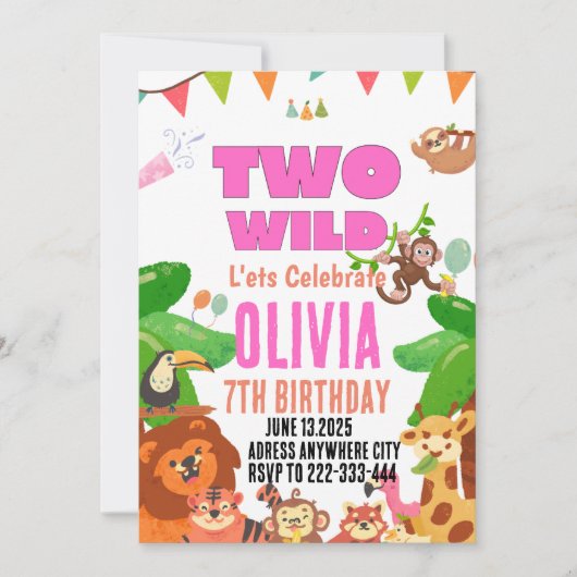 ワイルドサファリアニマルガール2歳の誕生日 招待状 (正面)