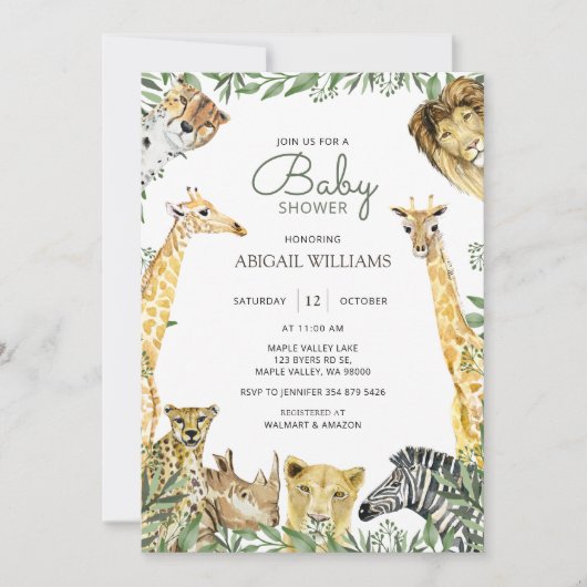 ワイルドサファリアニマルズベビーシャワー招待状 招待状 (正面)
