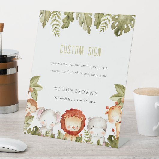 ワイルドサファリアニマルズ子供の誕生日カスタムパーティー 台座サイン (インサイチュ)
