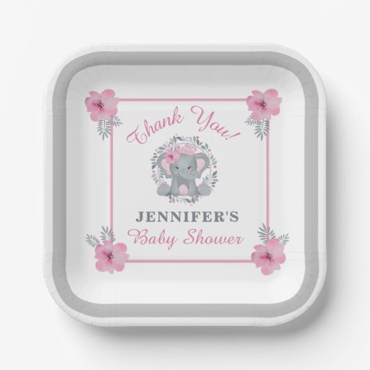 ワイルドサファリエレファントピンクのフローラベビーシャワー ペーパープレート (正面)