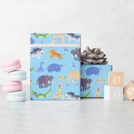 ワイルドサファリオンベビーブルーラッピング紙 ラッピングペーパー (ベビーシャワー)