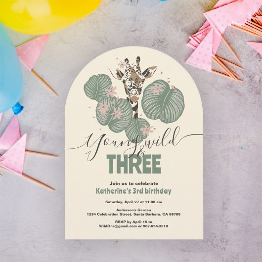ワイルドサファリキリン動物の第3の誕生日パーティー 招待状