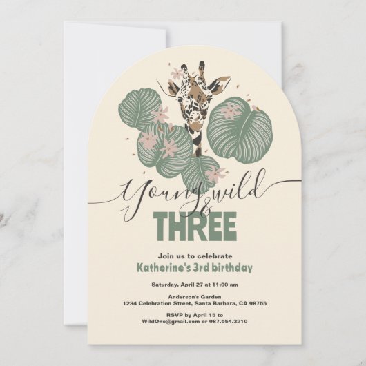 ワイルドサファリキリン動物の第3の誕生日パーティー 招待状 (正面)