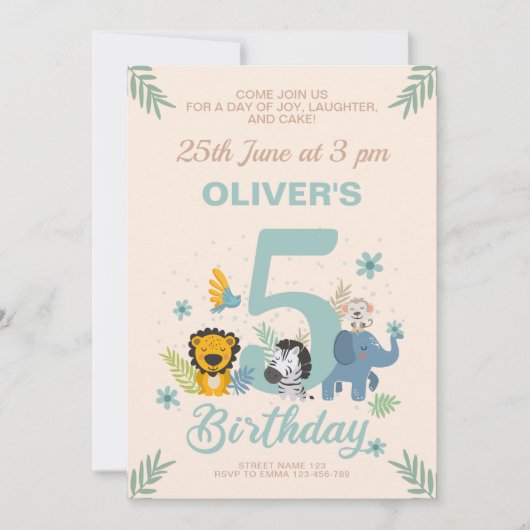 ワイルドサファリパステルフィフス誕生日 招待状 (正面)