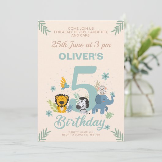 ワイルドサファリパステルフィフス誕生日 招待状 (スタンド正面)