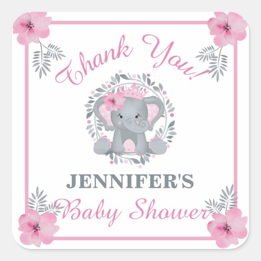ワイルドサファリピンクフローラゾウ赤ちゃんシャワー スクエアシール (正面)