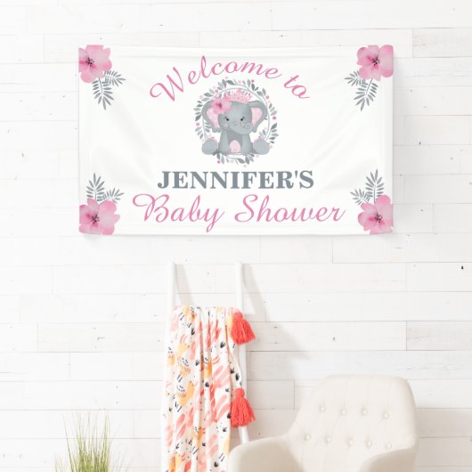 ワイルドサファリピンクフローラゾウ赤ちゃんシャワー 横断幕 (インサイチュ)