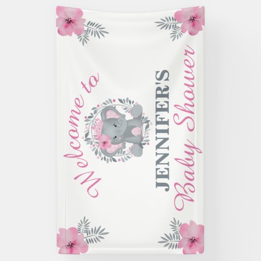 ワイルドサファリピンクフローラゾウ赤ちゃんシャワー 横断幕 (縦)
