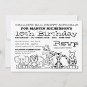 ワイルドサファリ動物キッズカラーリング誕生日パーティー 招待状 (正面)