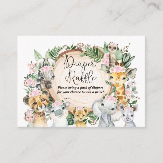 ワイルドサファリ動物女の子の赤ちゃんシャワーおむつラッフル エンクロージャーカード (正面)