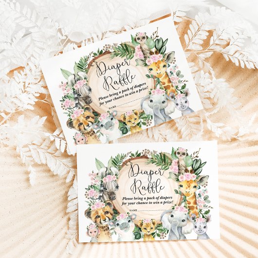 ワイルドサファリ動物女の子の赤ちゃんシャワーおむつラッフル エンクロージャーカード