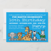 ワイルドサファリ動物、子供の誕生日パーティー 招待状 (正面)