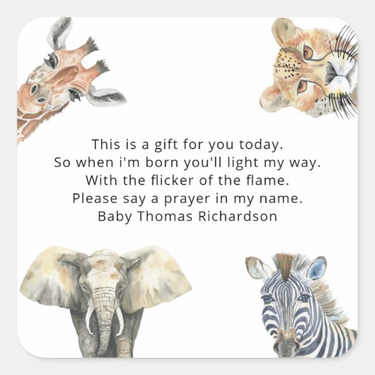 ワイルドサファリ動物 – 祈りの言葉キャンドルラベル スクエアシール (正面)