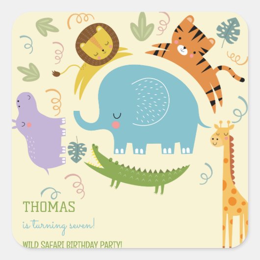ワイルドサファリ子供の誕生日 スクエアシール (正面)