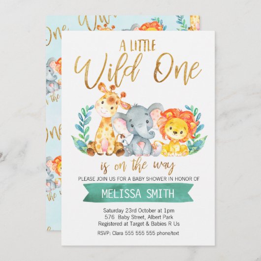 ワイルドサファリ ウォーターカラー ベイビーシャワー 招待状 (正面/裏面)