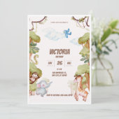 ワイルドジャングルアドベンチャーグリーンウォーターカラー誕生日 招待状 (スタンド正面)