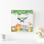 ワイルドジャングルアニマルズサファリキッズガール子供部屋デコル スクエア壁時計 (ホーム)