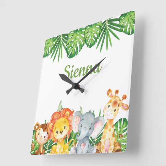 ワイルドジャングルアニマルズサファリキッズガール子供部屋デコル スクエア壁時計 (傾斜)