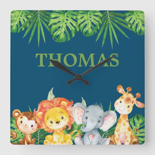 ワイルドジャングルアニマルズサファリボーイキッズ子供部屋デコル スクエア壁時計 (正面)