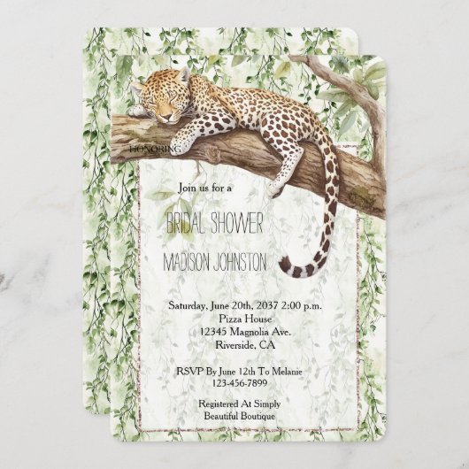 ワイルドジャングルグリーンアイビーヒョウブライダルシャワー 招待状 (正面/裏面)