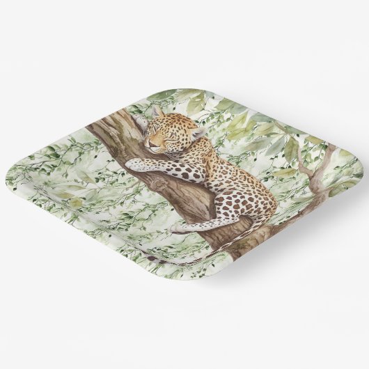 ワイルドジャングルグリーンアイビーヒョウ誕生日 ペーパープレート (傾斜あり)