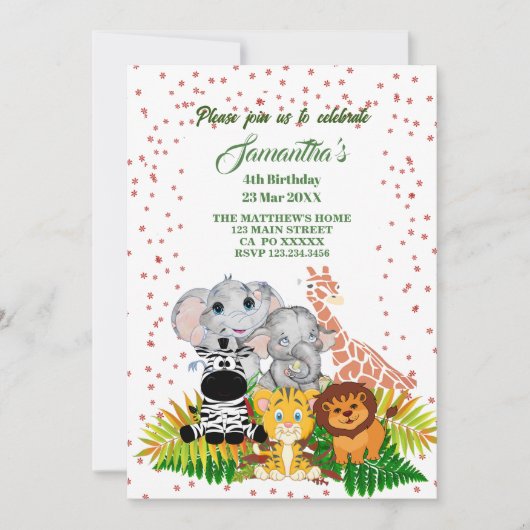 ワイルドジャングルサファリベビーアニマルグリネリー誕生日 招待状 (正面)