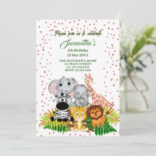 ワイルドジャングルサファリベビーアニマルグリネリー誕生日 招待状 (スタンド正面)